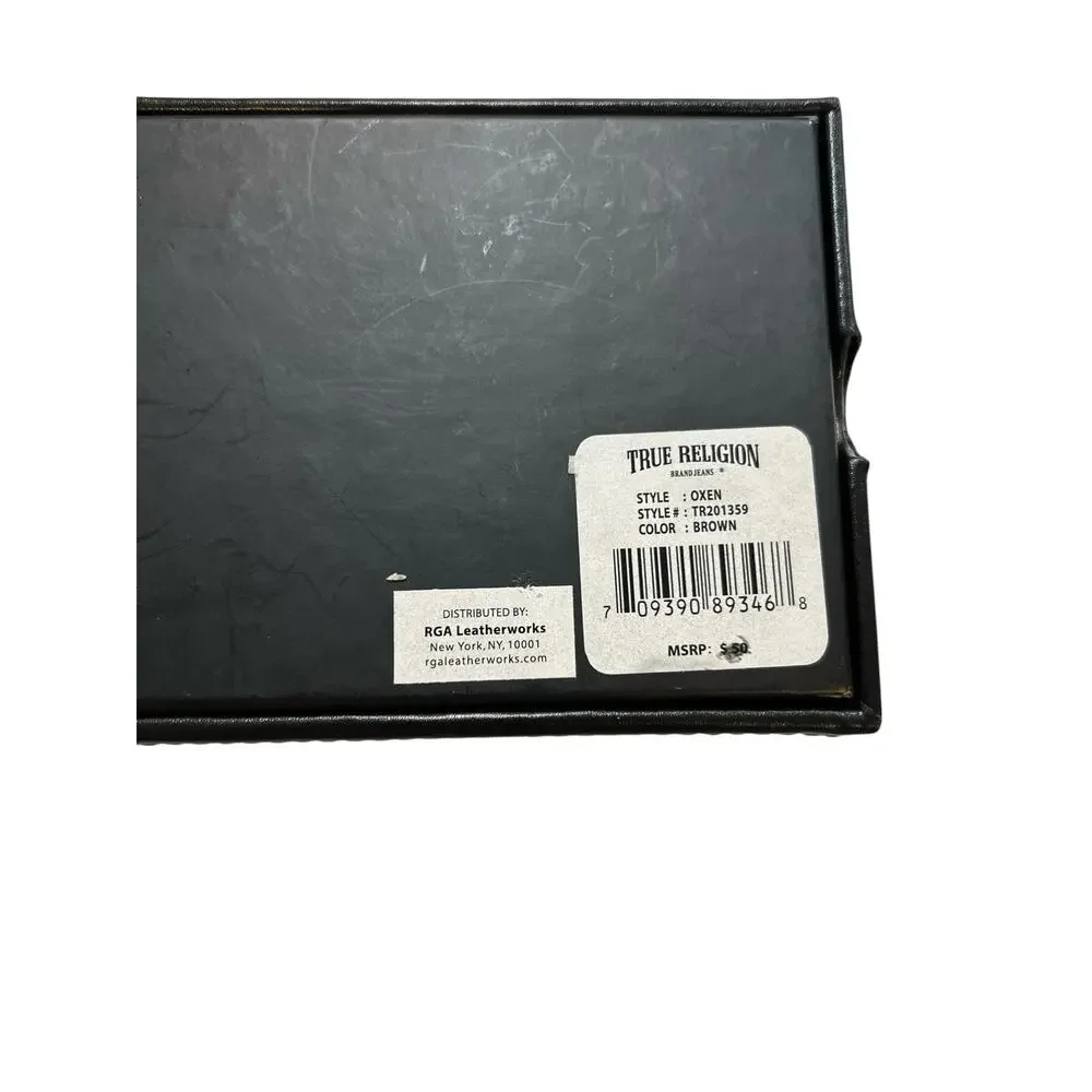 True Religion Mens Genuine Leather Wallet Desk Tray Boxed Gift Set Brown New
